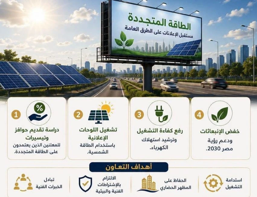 الجهاز القومي لتنظيم الإعلانات يدرس حوافز للمعلنين المستخدمين للطاقة المتجددة في إنارة اللوحات