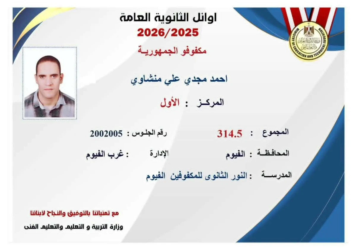 أحمد مجدي يتصدر أوائل الثانوية العامة للمكفوفين بمجموع 314.5 درجة